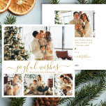 Cartão De Festividades Joyful Wish Script 4 Photo Collage Natal<br><div class="desc">A alegria moderna deseja o roteiro de 4 fotos coladas no cartão de Natal em branco e Dourado. Esta placa de Natal minimalista apresenta uma colagem de 4 fotos na frente e uma foto extra na parte de trás. A saudação de "Desejos Jovens" é elegantemente escrita à mão em caligrafia...</div>