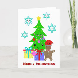 Cartão De Festividades Kawaii bonito enfrenta a cena da árvore de Natal,