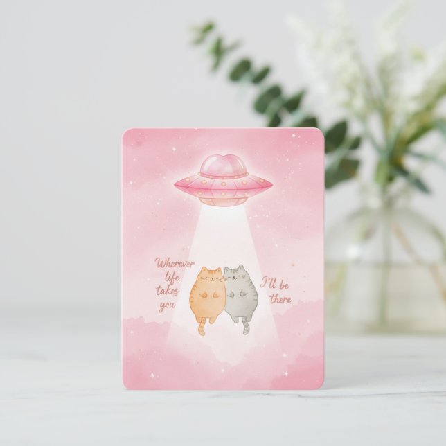 Cartão De Festividades Kawaii Cat UFO Valentine Card for Loved Partners (Em pé/Frente)