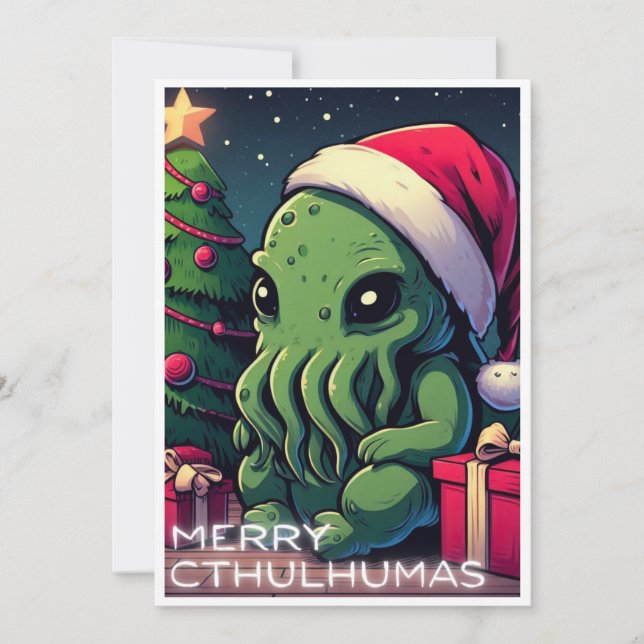 Cartão De Festividades Kawaii Cthulhu Natal - Feliz Cthulhumas (Frente)