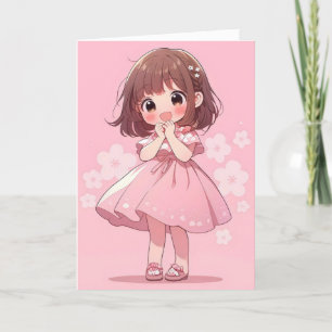 Cartão De Festividades Kawaii Pink Anime Girl Chibi