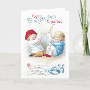 Cartão De Festividades Kids Tug on Giant Wishbone Vintage Thanksgiving
