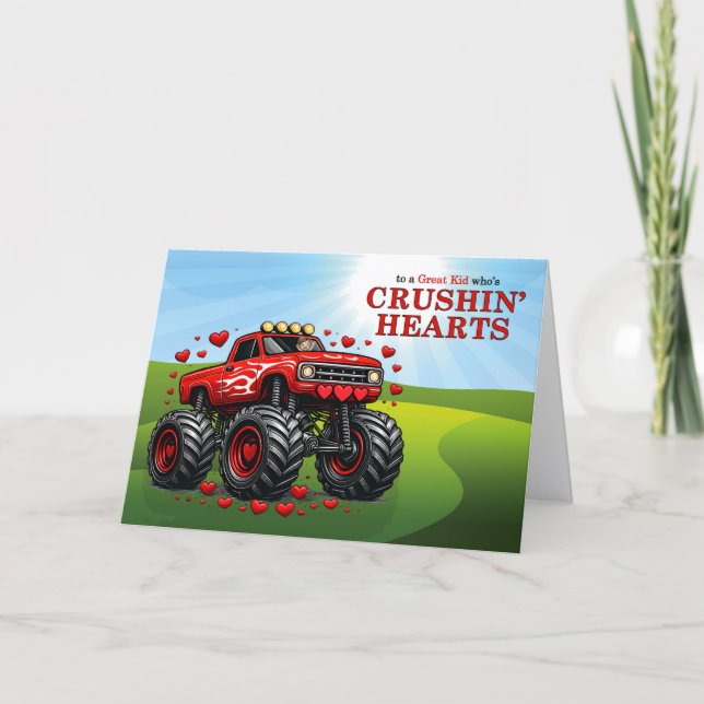 Cartão De Festividades Kid's Valentine Monster Truck Crushin' Hearts (Frente)