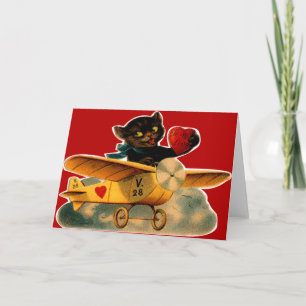 Cartão De Festividades Kit Vintage Retro de Gatinho no Avião no Dia dos N