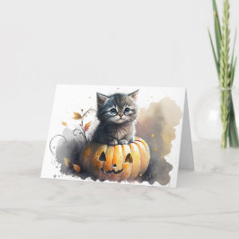 Cartão De Festividades Kitten de Halloween em Aquarela em uma Abóbora de