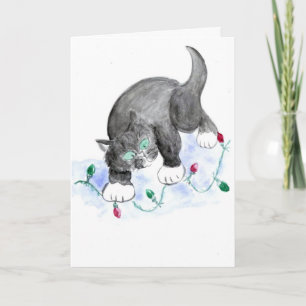 Cartão De Festividades Kitten encontra Luzes de Natal Vermelhas e Verdes