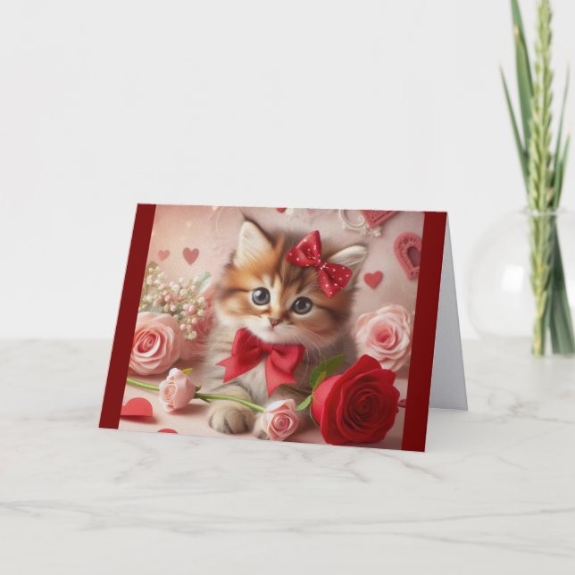 Cartão De Festividades Kitten With Roses And Hearts Holiday Card (Frente)