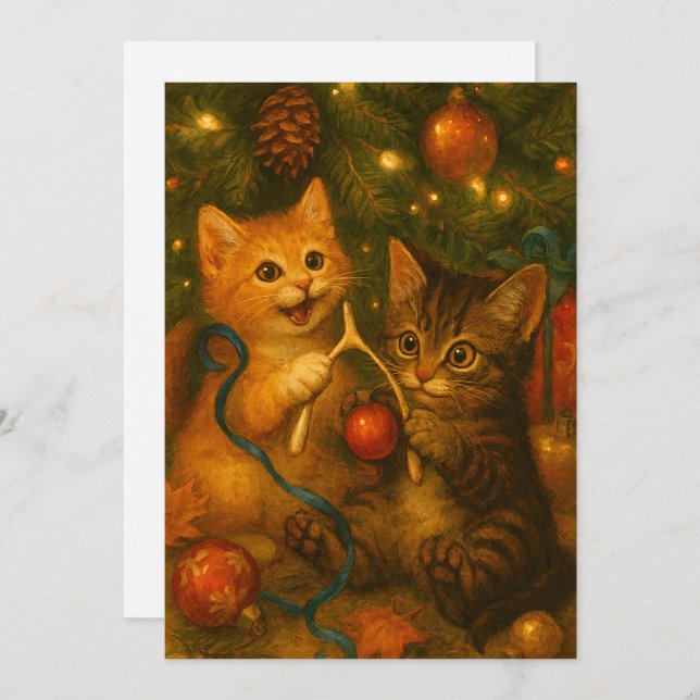 Cartão De Festividades Kittens & Turkey Wishbone Under Christmas Tree (Frente/Verso)
