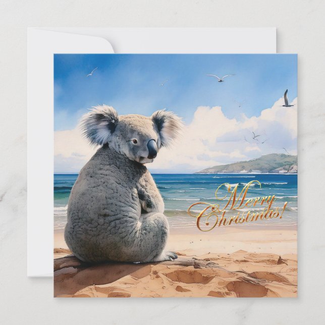 Cartão De Festividades Koala em uma praia arenosa Feliz Natal (Frente)