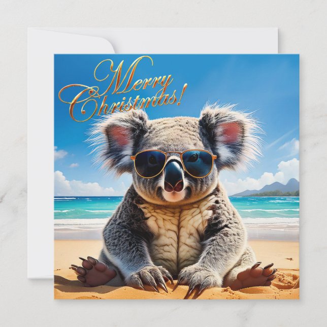 Cartão De Festividades Koala em uma praia arenosa Feliz Natal (Frente)