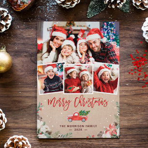 Cartão De Festividades Kraft Winter Floral Christmas Truck 4 Photo