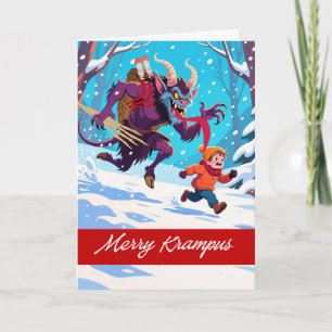 Cartão De Festividades Krampus Alegre Correndo Atrás de Menino Travesso
