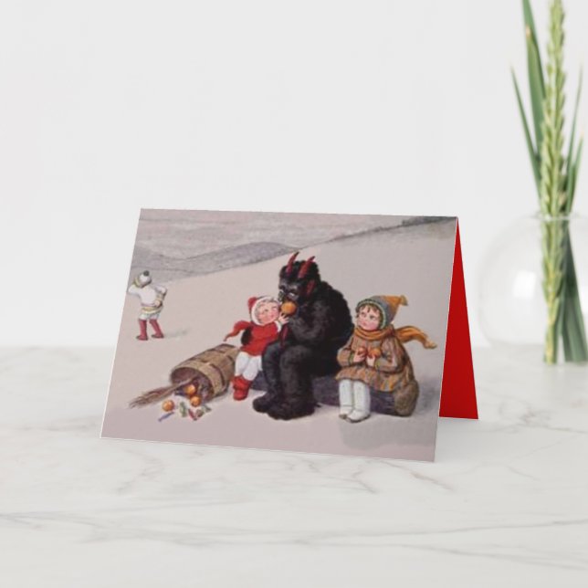 Cartão De Festividades Krampus Brincando Com Crianças Neve (Frente)