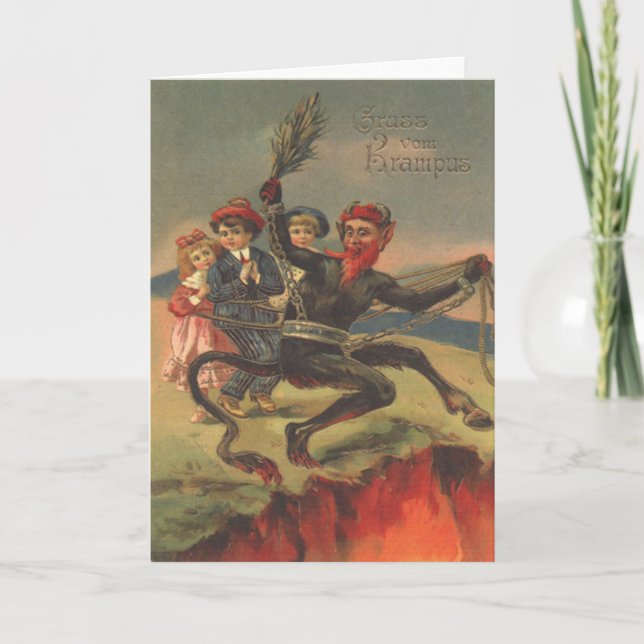 Cartão De Festividades Krampus Levando Crianças Más Ao Inferno (Frente)