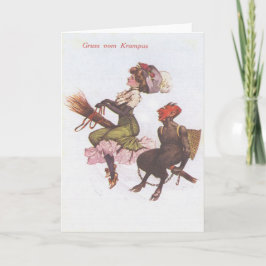 Cartão De Festividades Krampus na vassoura com mulher