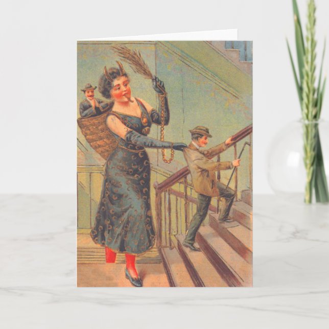 Cartão De Festividades Krampus Punindo Homem Mau (Frente)