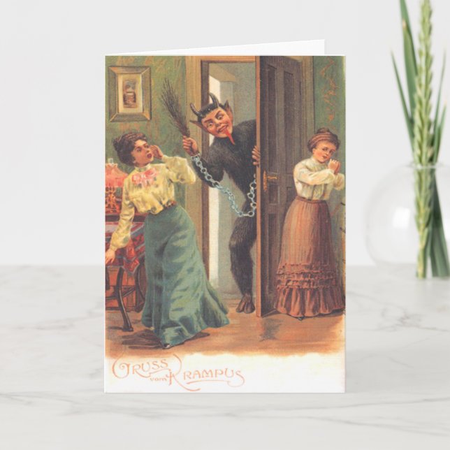 Cartão De Festividades Krampus punindo mulheres (Frente)
