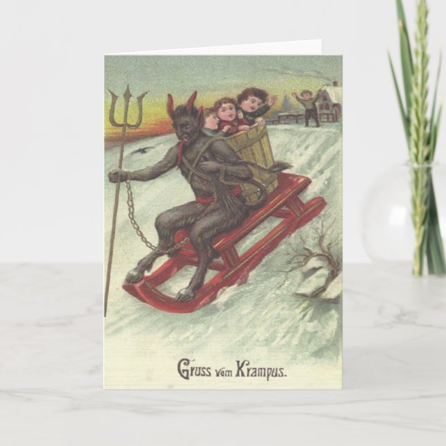 Cartão De Festividades Krampus Sequestrando Crianças Em Sleigh (Frente)