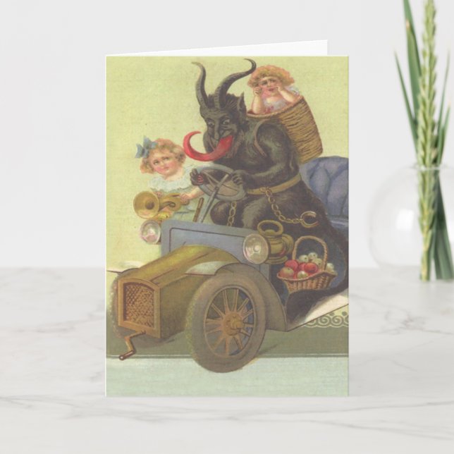 Cartão De Festividades Krampus sequestrando meninas dentro de um carro (Frente)