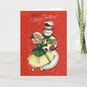 Cartão De Festividades KRW Vintage Girl and Snowman Card - Personalizado