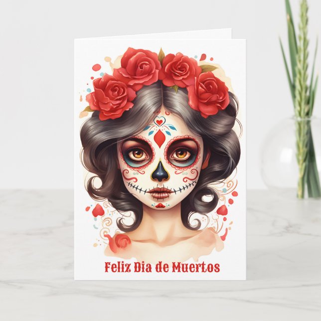 Cartão De Festividades La Calavera Catarina 💀 en Flores Rojas 🌹 (Frente)
