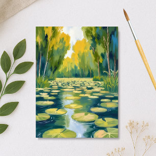 Cartão De Festividades Lagoa de Nenúfares Natureza em Aquarela Verde