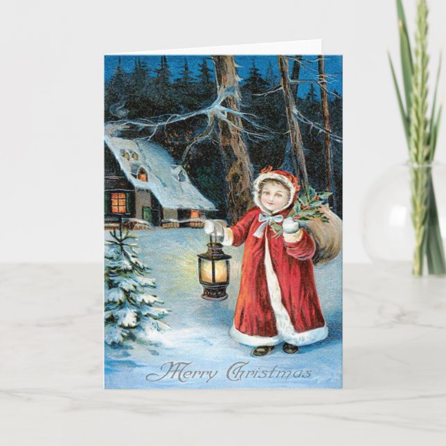 Cartão De Festividades Lâmpada de menina fofa cabana de inverno de azevin (Frente)