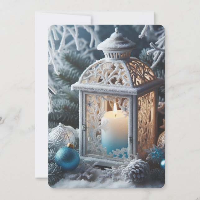 Cartão De Festividades Lanterna de Inverno Branca e Azul Fosca (Frente)