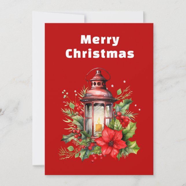 Cartão De Festividades Lanterna de Natal Vermelho Poinsettia e Pinheiro (Frente)