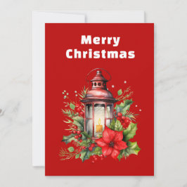 Cartão De Festividades Lanterna de Natal Vermelho Poinsettia e Pinheiro