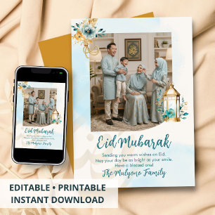 Cartão De Festividades Lanterna Floral Aquarela Azul Família Foto Eid