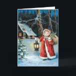Cartão De Festividades Lanterna Holly Winter Cottage<br><div class="desc">Hora de celebrar as férias. Este impressão de natal vintage retrata um lindo carregando de garotinha,  uma lanterna,  e um saco de doces. Uma cabana de inverno ao fundo.</div>