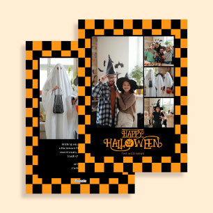 Cartão De Festividades Laranja e Preto Xadrez 5 Fotos Halloween