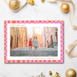 Cartão De Festividades Laranja Rosa Xadrez Retro Único Duas Fotos 