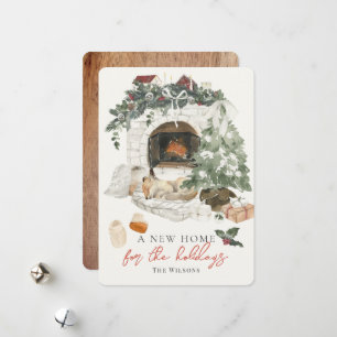 Cartão De Festividades Lareira Árvore de Natal Fox Watercolor Nova Casa H