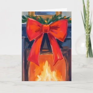 Cartão De Festividades Lareira de Natal Aquarela Alegre com Laço Vermel