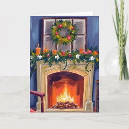 Cartão De Festividades Lareira Festiva Coroa de Natal Aquarela