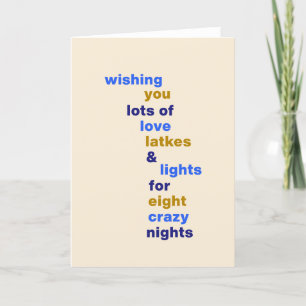 Cartão De Festividades Latkes de Amor de Hanukkah Engraçados Luzes em Azu