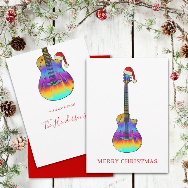 Cartão De Festividades Legal Psicodélica de Violão de Natal (Colorful Christmas guitar personalized holiday card For guitarists musicians and music lovers)