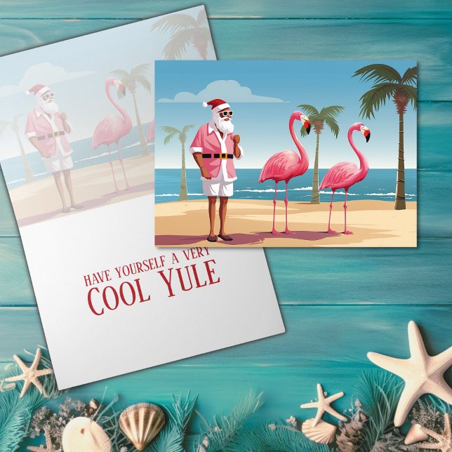 Cartão De Festividades Legal Yule Papais noeis e Flamingos Praia Natal (Cool Yule Santa and Flamingos Beach Christmas Holiday Card)
