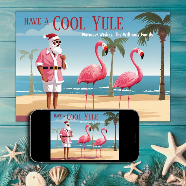 Cartão De Festividades Legal Yule Papais noeis e Flamingos Praia Natal (Printed and Digital - Cool Yule Santa and Flamingos Beach Christmas Holiday Card)