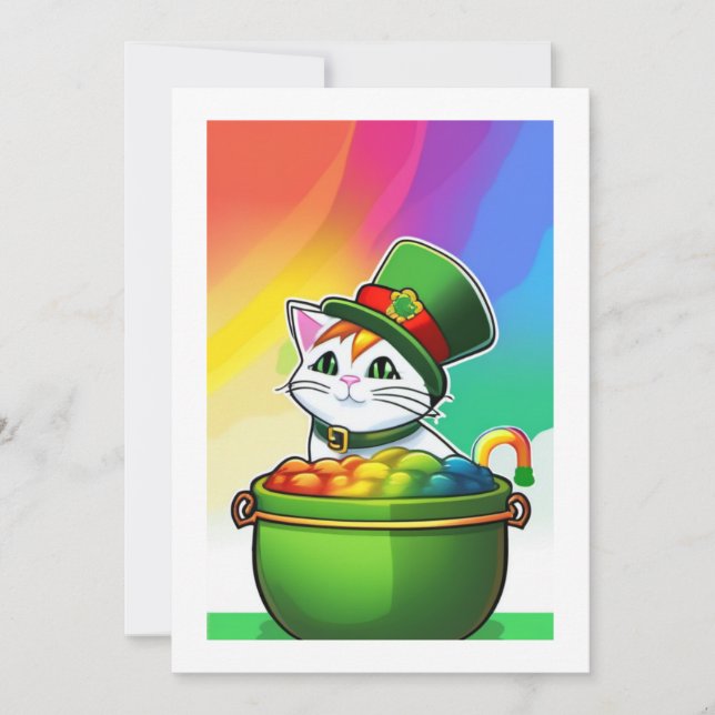 Cartão De Festividades Leprechaun Rainbow Cat (Frente)