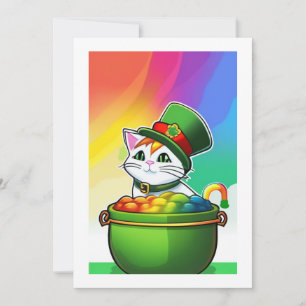Cartão De Festividades Leprechaun Rainbow Cat