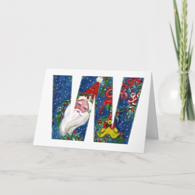 CARTÃO DE FESTIVIDADES LETRA W/CLAUS SANTA COM MONOGRAMA DE FRILHA VERMEL (Frente)