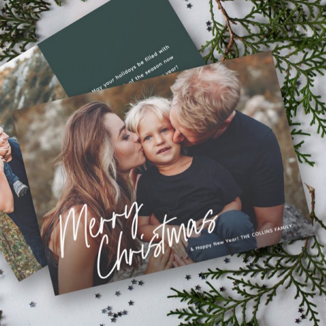 Cartão De Festividades Letras de Script Merry Christmas 2 Foto  (Modern Hand Lettering 2 Photo Christmas Cards.)