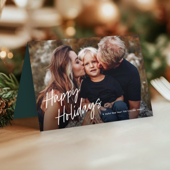 Cartão De Festividades Letreiro de Roteiro Moderno 3 Foto (Simple Handwritten Happy Holidays 3 Photo Holiday  Cards.)