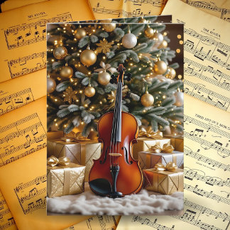 Cartão De Festividades Linda Árvore de Natal e Poema Festivo de Violino