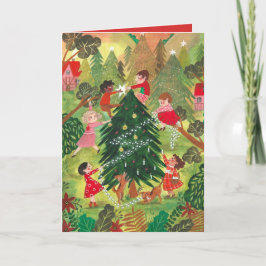Cartão De Festividades Linda árvore de Natal verde decorada crianças