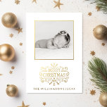 Cartão De Festividades Linda e Dourada Foto de Floco de Neve Feliz de Nat<br><div class="desc">Mande seus cartões de natal em estilo com este elegante design de tipografia com falso falso floco de neve de ouro, rolos e as palavras "Feliz Natal". Sua foto carregada é emoldurada por uma simples borda dourada. No verso, adicione suas saudações personalizadas ou até mesmo detalhes do anúncio de nascimento....</div>