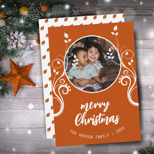 Cartão De Festividades Linda família Foto branca Folhagem Branca Feliz Na